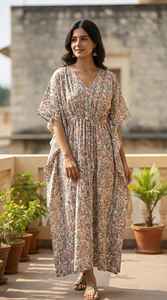 Robe kaftan en coton fleuri pour femmes, col en V, coupe décontractée, tenue de salon d'été - Product Image 5