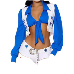 Conjunto de uniforme de porristas azul y blanco con estampado de estrellas, bolero y pantalones cortos, disfraz para mujer adulta - Product Image 1