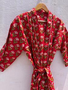 Bata de Baño Informal para Mujer, con Estampado Floral, Tejida, Cuello en V, con Cordón Ajustable, Manga 3/4, Largo hasta el Tobillo, 100% Algodón, Transpirable, para Verano - Product Image 2