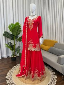 ชุดสาหร่าแบบปักลายสีแดง ผ้าจอร์เจตต์ สำหรับผู้หญิง ชุดงานแต่งงานแบบดั้งเดิม - Product Image 3
