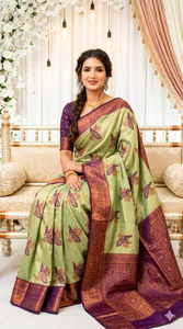 Sari de seda verde y morado con estampado de pavo real, ropa tradicional de boda para mujer - Product Image 5