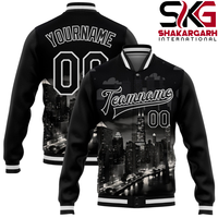 Blouson Bomber Varsity Homme Personnalisable avec Nom et Lettre, Col Montant, Style Équipe de Football, Noir et Bleu, Logo Avant, Vêtement d'extérieur Hiver