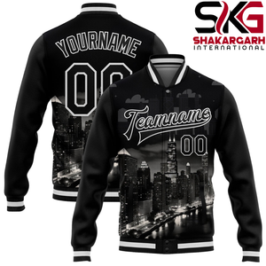 Chaqueta Bomber Varsity Personalizada con Nombre y Letra para Hombre, Estilo Equipo de Fútbol, Cuello Alto, Invierno, Color Negro y Azul, Logotipo Frontal - Product Image 3