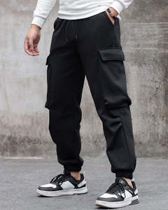 Pantalon de survêtement cargo en molleton noir pour homme, taille élastique, coupe ample, couleur unie avec poches, toutes saisons, vêtements décontractés pour l'extérieur - Product Image 3