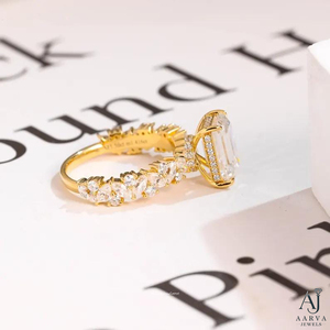Gold Plated <b>Silver</b> Moissanite Emerald Cut Halo Wedding <b>Band</b> <b>Ring</b> for Women-Anniversary Gift - Product Image 1