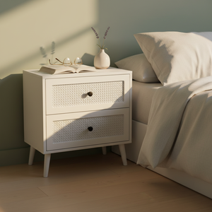 โต๊ะข้าง 2 ลิ้นชัก ดีไซน์ทันสมัย เป็นมิตรกับสิ่งแวดล้อม ทำจากไม้ยางพารา MDF ปิดผิวโอ๊ควีเนียร์ ตกแต่งด้วยหวาย โต๊ะเก็บของข้างเตียง/ห้องนั่งเล่น - Product Image 3