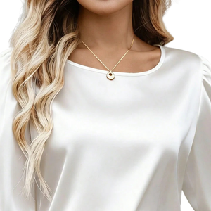 Chemisier blanc tissé à manches longues bouffantes pour femme, col rond, taille smockée, poignets élégants, coupe ample, décontracté, pour le bureau et le quotidien - Product Image 3