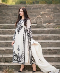 Conjunto de Salwar Kameez de Georgette Bordado, Largo hasta el Suelo, para Otoño, con Estampado Floral Blanco, Tradicional Indio-Pakistaní, para Mujer - Product Image 5