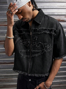 <b>Mens</b> Denim <b>Shirt</b> Washed Black Raw Edge Frayed Applique Cropped Short Sleeve Boxy Streetwear Distressed - Product Image 3
