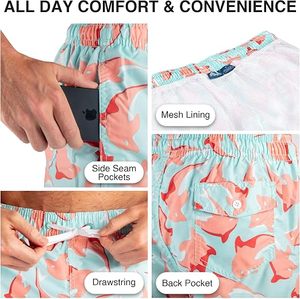 Short de bain pour homme à imprimé tortue, polyester/coton extensible, séchage rapide, cordon de serrage, vêtements de plage décontractés, bleu clair rose, longueur courte - Product Image 4