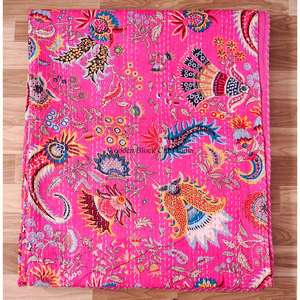 Couvre-lit Kantha imprimé paon fait main du Rajasthan, vintage, écologique, toutes saisons, double taille, 100% coton biologique - Product Image 6