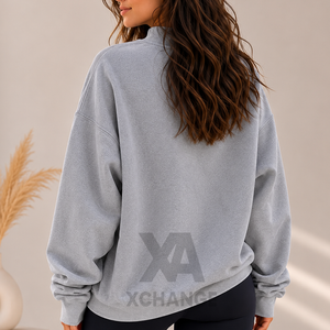 Sweat-shirt tricoté imprimé surdimensionné à épaules tombantes pour femme avec col montant, gris, 100 % coton respirant, pour l'hiver - Product Image 4