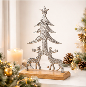 Handcrafted Silver Aluminum Christmas <b>Tree</b> With Reindeer Sculpture On Sustainable Mango Wood Base Modern Premium <b>Tabletop</b> Decor - Product Image 1