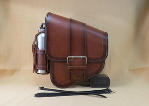 Alforja de cuero genuino para motocicleta, equipaje marrón para motocicleta, bolso basculante del lado izquierdo con portabotellas, resistente al agua - Product Image 5