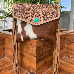Hot Selling Hand Tooled Leather Fringe Crossbody Bag Cowhide Turquoise <b>Stone</b> Shoulder Bag Western Leather Envelope Women Purse - Product Image 3