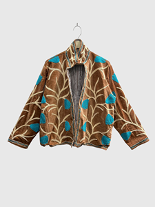 Veste en velours marron brodée de fleurs, col mandarin, manches longues, style blouson pour femme adulte, à porter en automne - Product Image 1
