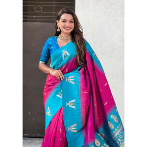 Sari en soie douce rose foncé tissé Zari de la marque Elite Weaves avec foulard et châle traditionnels de style indien du Sud à contraste Tilak - Product Image 2