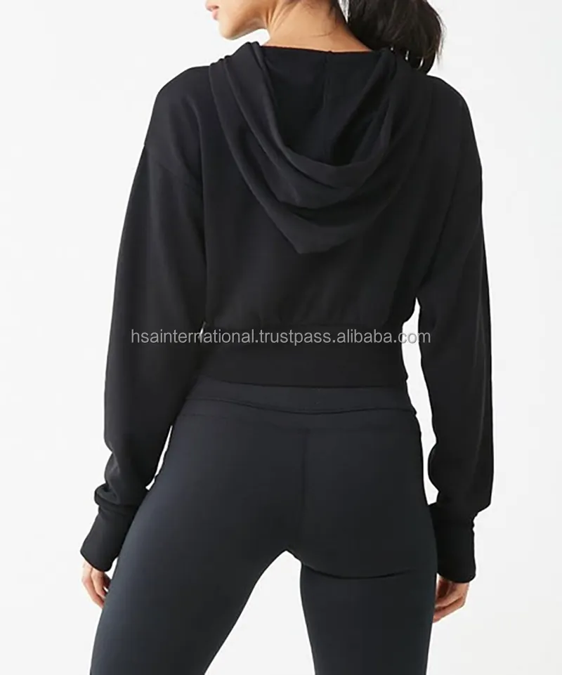 Crop Hoodie Wanita Gym, Pakaian Olahraga Luar Ruangan Lengan Panjang Jempol Lubang Manset Atasan Crop