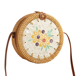 Mother Pearl Leather Rattan <b>Woven</b> <b>Bag</b> 18-20cm Dia Vintage Bohemian Lady Style Button Closure Durable Comfortable Bulk Direct - Product Image 1