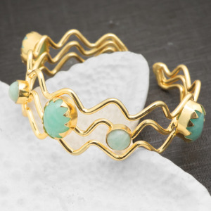 Fashion 18K Gold Plated Open <b>Cuff</b> Bangle with Natural Amazonite Stone | Wavy Design Adjustable Bangle Wholesale - Gift for her - Product Image 4