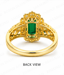 Magnificent <b>statement</b> <b>ring</b> in 18K yellow gold with emerald cut green center stone halo of round diamonds and intricate shank det - Product Image 3