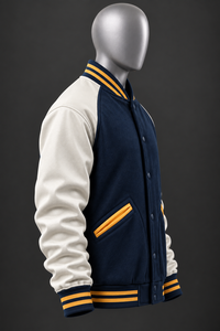 เสื้อแจ็คเก็ตบอมเบอร์วาร์ซิตี้ผู้ชาย แจ็คเก็ตเบสบอลแบบ Letterman สีกรมท่า แขนสีขาว สไตล์วิทยาลัย สตรีทแวร์ รับผลิตแบบ OEM แบรนด์ส่วนตัว ขายส่ง - Product Image 3