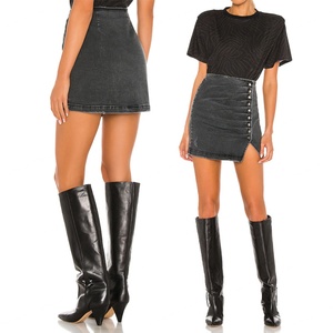 Mini-jupe en jean taille haute asymétrique pour femme, boutonnée sur le devant, unie, délavée, style décontracté - Product Image 1