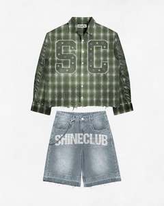 Plaid Denim <b>Shirt</b> Set Rhinestone <b>Patchwork</b> Turn-down Collar Button-up Casual Streetwear Outfit for Men - Product Image 3