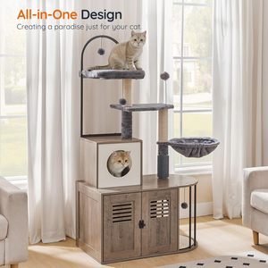 Torre para Gatos Moderna y Sólida Todo en Uno de 31.5 Pulgadas con Caja de Arena Oculta, Mueble Versátil para Gatos de Interior, Poste de Sisal y Hamaca - Product Image 1