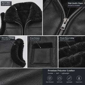 Gilet en cuir noir pour homme, en peau de mouton, chaud pour l'hiver, veste sans manches pour motard, manteau bomber de montagne - Product Image 6
