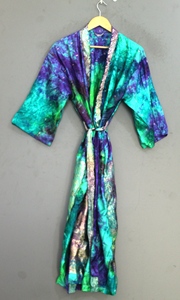 Robe en satin tie-dye pour femme, manches trois quarts, longueur genou, imprimé dégradé, douce, décontractée, vintage, col en V, pour l'été, avec cordon de serrage - Product Image 3