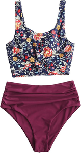 Ensemble de maillot de bain deux pièces extensible pour femme, haut tankini floral et bas froncé taille haute, collection 2026, fabriqué au Pakistan - Product Image 2