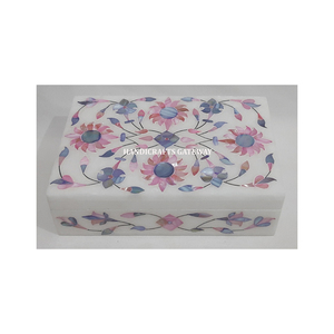 Marbre blanc pur avec finition fine et forme rectangulaire polie lisse boîtes de rangement de bijoux en incrustation de nacre rose - Product Image 2