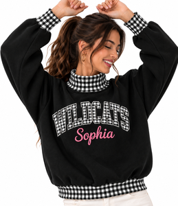 Wholesale Women’s Oversized <b>Mock</b> Neck Sweatshirt Custom Gingham Applique Embroidered Logo College Winter Pullover - Product Image 5