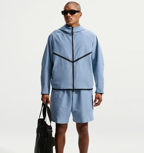 Ensemble de survêtement pour femme bleu clair à capuche, manches longues, séchage rapide, respirant, avec short de sport imprimé couleur unie et cordon de serrage - Product Image 1