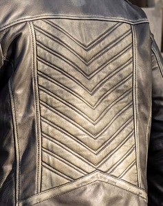 <b>Men's</b> Genuine <b>Leather</b> Moto <b>Jacket</b> with Zipper Closure Stand Collar Vintage Style Embroidered Canvas Autumn Regular Fit - Product Image 6