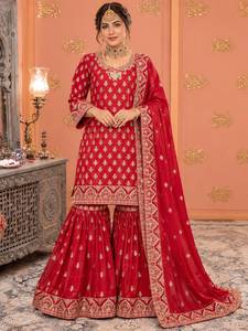 Ensemble Salwar Kameez en Soie Brodé Lourd pour Femme, Orné de Zari Doré, Tenue Traditionnelle Indienne/Pakistanaise avec Dupatta, Idéal pour Mariages et Fêtes, Livraison Rapide - Product Image 1