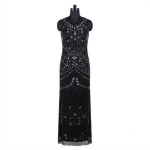 Luxury Modern Hand Embellished Black <b>Sequin</b> Fringe Evening Gown Premium Beaded Party Dress Natural Elegant Wedding Cocktail - Product Image 1