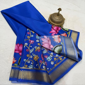 Sari en soie de style Banarasi bleu royal élégant avec bordure dorée – Idéal pour les fêtes et les mariages - Product Image 3
