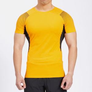 <b>Men</b> <b>Compression</b> Fit MMA Rash Guards Breathable Yellow Black Gym Wear Quick Dry Short Sleeve Sports Fitness Running Spring Top - Product Image 1