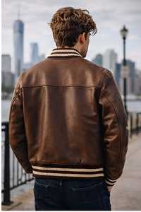 Blouson aviateur en cuir marron pour homme, style vintage, col rabattu, fermeture boutonnée, coupe classique, pour l'automne - Product Image 5