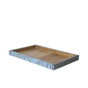 Rectangular Wooden <b>Storage</b> Tray resin bone in lay serving tray wood <b>craft</b> Blue White Striped Painted Finish <b>Table</b> Modern Design - Product Image 1