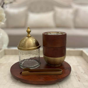 Ensemble de brûleur d'encens Bakhoor en bois et laiton de luxe avec pot en verre et plateau - Product Image 2