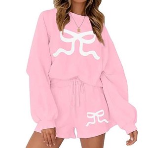 Ensemble 2 pièces pour femmes, sweat-shirt et short à imprimé nœud rose, coupe ample, col rond, manches longues, tenue d'été décontractée - Product Image 2