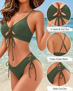 Conjunto de Bikini Verde Oliva para Mujer, Cuello Pronunciado, Dos Piezas, con Aberturas, Cordón Ajustable en el Lateral, Corte Regular, Color Sólido - Product Image 5