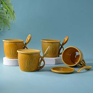 Beige Striped <b>Ceramic</b> Soup <b>Mug</b> with <b>Lid</b> and Spoon Set 600ml Glazed Microwave Safe Coffee <b>Mugs</b> (Set of 4) - Product Image 4