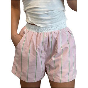 Shorts Casuales de Verano para Mujer, Cintura Alta, Patrón Bordado, Costuras en Contraste, Diseño a Rayas, Bolsillos, Cierre con Botones - Product Image 5