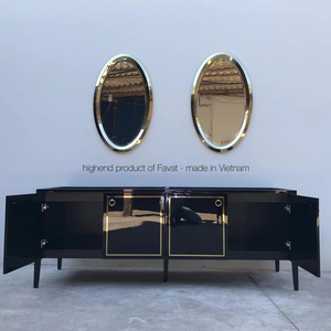 Meuble de salle de bain moderne de luxe noir brillant avec garniture en métal doré et miroir mural ovale pour hôtel, appartement, villa - Product Image 1