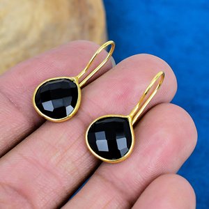 Natural Black Onyx Heart Shape Gemstone Dangle Hook Earring 18k Gold Micron Over 925 <b>Sterling</b> <b>Silver</b> - Product Image 3