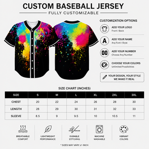 Maillot de baseball unisexe à imprimé intégral, motif éclaboussures colorées, manches courtes, séchage rapide, polyester, pour adulte, toutes saisons, vêtements de sport - Product Image 5
